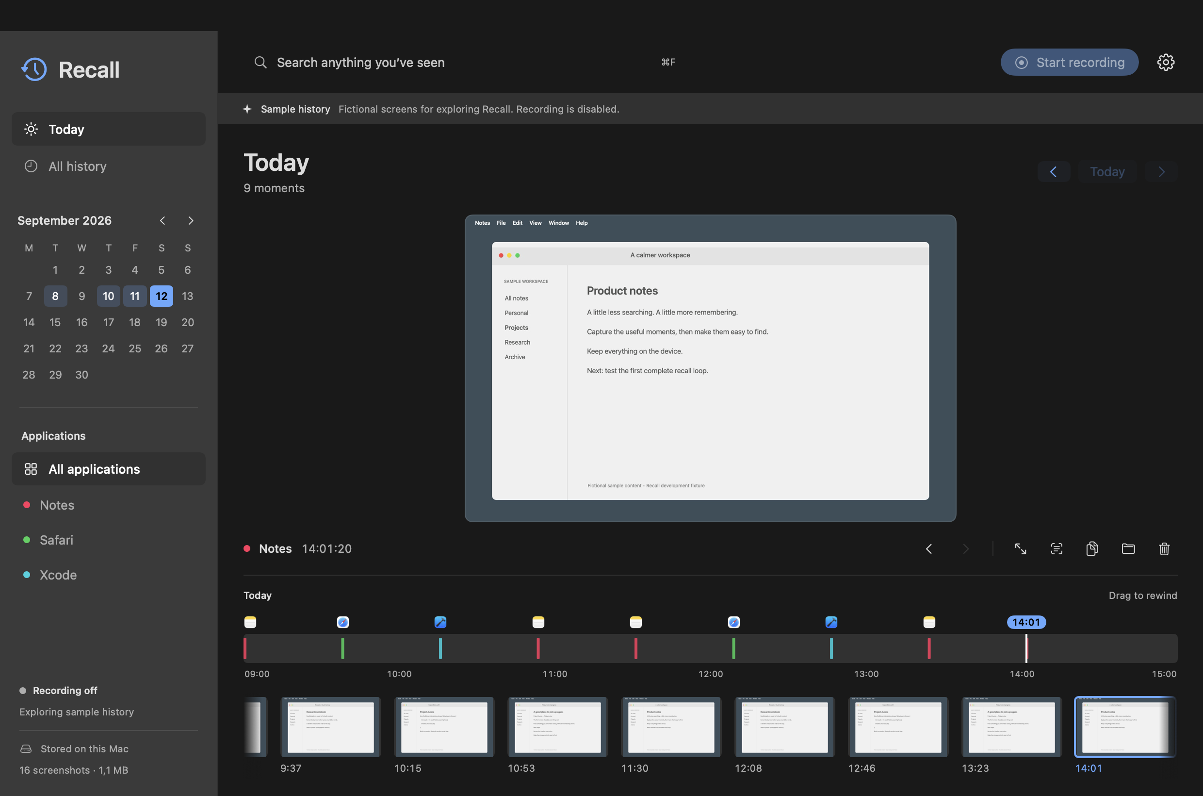 Recall's workspace: a search field, a calendar of days with activity, a large screenshot, and a filmstrip of the day's moments.